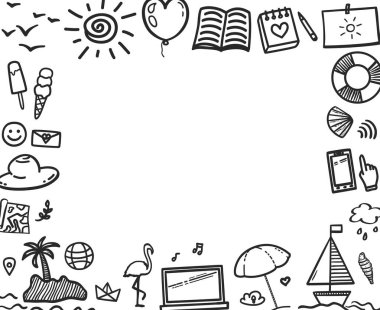 Beyaza el çizimi siyah bayram unsurları. Yaz tatili. Serbest pankart tasarımı