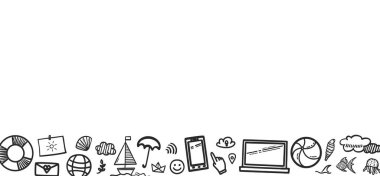 Beyaza el çizimi siyah bayram unsurları. Yaz tatili. Serbest yazım nesneleri. Bayrak tasarımı. Siyah beyaz illüstrasyon