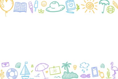 El çizimi renkli tatil unsurları. Renkli kabataslak karalamalar. Yaz tatili. Tatil gezisi. Web pankartı