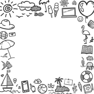 Beyaza el çizimi siyah bayram unsurları. Yaz tatili. Serbest web pankartı tasarımı