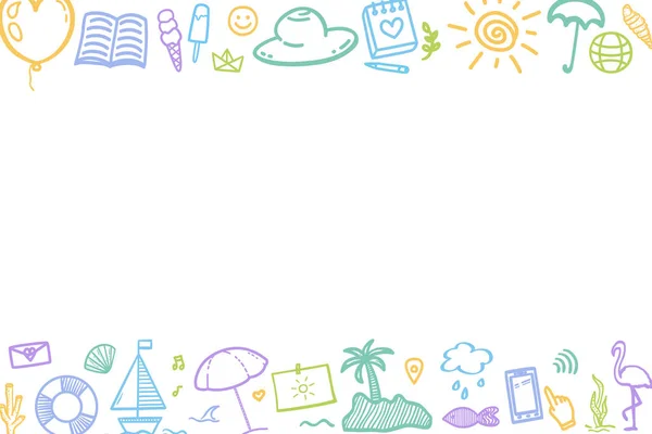 Handgezeichnete Farbige Urlaubselemente Bunte Skizzenhafte Kritzeleien Sommerferien Urlaubsreise Web Banner — Stockvektor