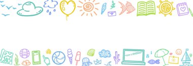 El çizimi renkli tatil unsurları. Renkli kabataslak karalamalar. Yaz tatili. Tatil gezisi