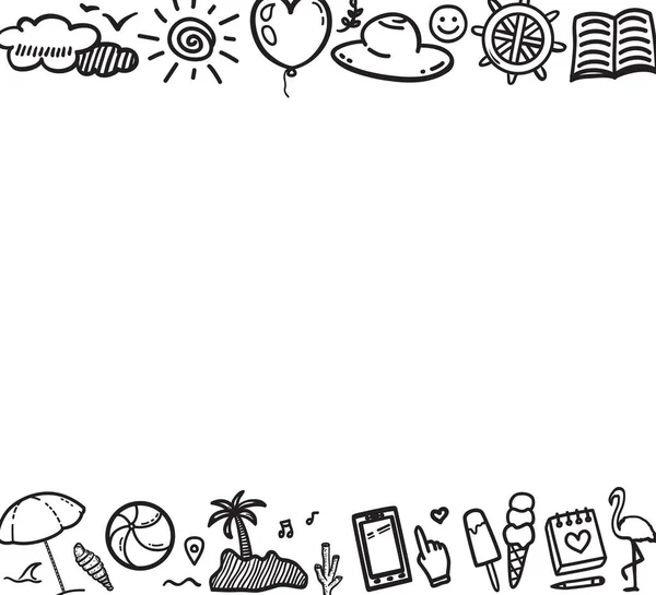 Handgezeichnete Schwarze Feiertagselemente Auf Weiß Sommerferien Freihändiges Web Banner Design — Stockvektor