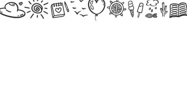 Beyaza el çizimi siyah bayram unsurları. Yaz tatili. Serbest web pankartı