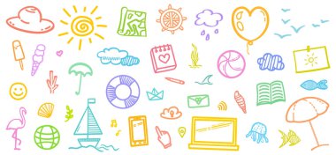 El çizimi renkli tatil unsurları. Renkli kabataslak karalamalar. Yaz tatili. İşaretler ve semboller. Tatil gezisi. Web pankartı tasarımı