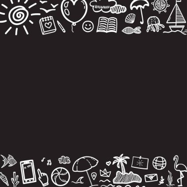 Yaz afişi. El çizimi tatil öğeleri. Yaz tatili. İşaretler ve semboller. Siyah beyaz illüstrasyon