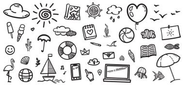 El çizimi yaz tatili öğeleri. İşaretler ve semboller. Tatil gezisi