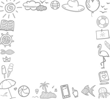 Beyaza el çizimi siyah bayram unsurları. Yaz tatili. Serbest web pankartı tasarımı