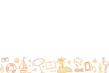 El çizimi renkli tatil unsurları. Renkli kabataslak karalamalar. Yaz tatili. İşaretler ve semboller. Tatil gezisi. Web pankartı tasarımı