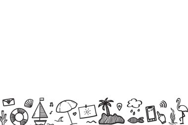 Beyaza el çizimi siyah bayram unsurları. Yaz tatili. Serbest internet pankartı. Elementler doğrusal olarak çizilir. Siyah beyaz illüstrasyon