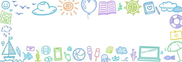 Handgezeichnete Farbige Urlaubselemente Bunte Skizzenhafte Kritzeleien Sommerferien Urlaubsreise Web Banner — Stockvektor