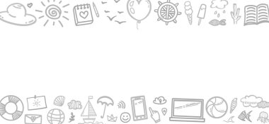 Beyaz üzerine el çizimi tatil öğeleri. Yaz tatili. Serbest internet pankartı. Elementler doğrusal olarak çizilir. Siyah beyaz illüstrasyon