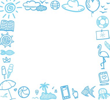 El çizimi renkli tatil unsurları. Renkli kabataslak karalamalar. Yaz tatili. Tatil gezisi