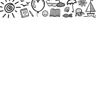 Beyaza el çizimi siyah bayram unsurları. Yaz tatili. Serbest web pankartı tasarımı