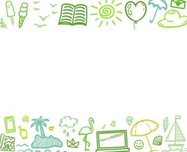 El çizimi renkli tatil unsurları. Renkli kabataslak karalamalar. Yaz tatili. Tatil gezisi. Web pankartı