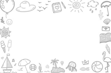 Beyaz üzerine el çizimi tatil öğeleri. Yaz tatili. Serbest web pankartı tasarımı. Siyah beyaz illüstrasyon