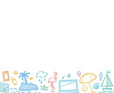 El çizimi yaz elementleri. Renkli, kabataslak karalama. Yaz tatili. İşaretler ve semboller. Tatil gezisi. Web pankartı tasarımı