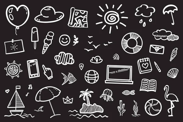 Hand Drawn Holiday Elements Summer Holidays Signs Symbols Black White — Stockvektor