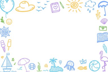 El çizimi renkli tatil unsurları. Renkli kabataslak karalamalar. Yaz tatili. Tatil gezisi