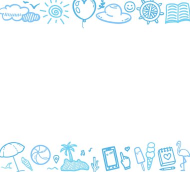 El çizimi yaz elementleri. Renkli, kabataslak karalama. Yaz tatili. İşaretler ve semboller. Tatil gezisi. Web pankartı tasarımı