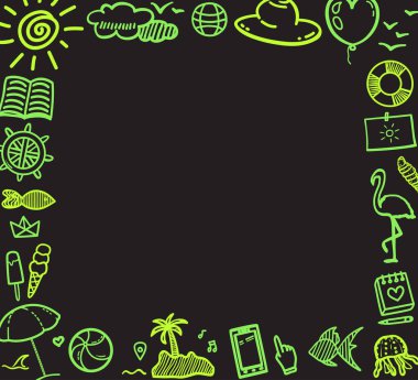 İzole edilmiş siyah arkaplanda renkli neon tatil unsurları. Sketchy karalamalar. Yaz gevşemesi