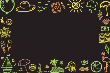 İzole edilmiş siyah arkaplanda renkli neon tatil unsurları. Sketchy karalamalar. Yaz gevşemesi