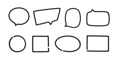 Elle çizilmiş siyah konuşma baloncukları beyaza. Soyut geometrik çerçeveler. Çizgi çalışması. Farklı geometrik şekiller kümesi. Siyah beyaz illüstrasyon