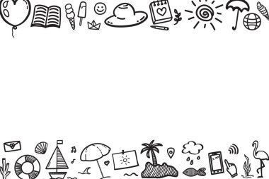 Beyaza el çizimi siyah bayram unsurları. Yaz tatili. Serbest web pankartı tasarımı