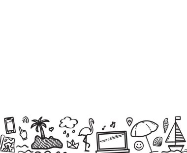 İzole edilmiş arka planda el çizimi tatil unsurları. Beyazın üzerine çizik. Yaz tatili. İşaretler ve semboller. Basit bir pankart. Siyah beyaz illüstrasyon