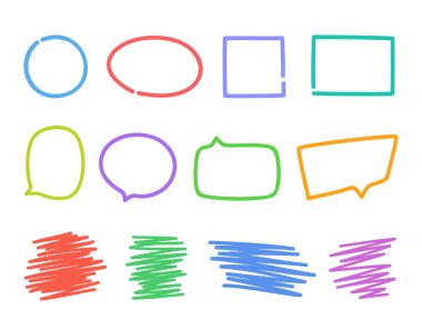 Beyaz üzerine soyut geometrik elementler. El çizimi renkli konuşma baloncukları. El yazısıyla çizilmiş nesneler. Elementler doğrusal olarak çizilir. Renkli resimleme