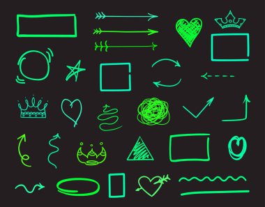 Hand drawn neon elements on isolated black background. Glowing shapes. Freehand art. Signs and symbols for your design