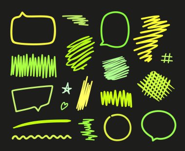 Hand drawn glowing neon elements on black. Set of think and talk speech bubbles. Signs and symbols. Abstract simple shapes. Freehand art