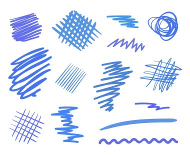 Colored hatchings on white. Wavy samples. Hand drawn tangled patterns. Colorful illustration. Sketchy elements for design
