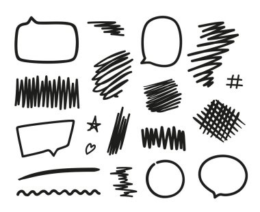 Hand drawn simple elements and shapes. Abstract quick hatchings. Sketchy elements. Freehand scrawls. Black and white illustration