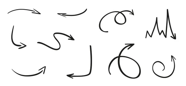 隔離された白い背景上のインフォグラフィック要素 手で単純な矢印を描いた 線画だ 異なるポインタのセット 抽象的な指標 白黒のイラスト アート作品のための落書き — ストックベクタ