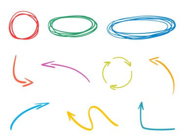 Çizgi çizme. Sketchy geometrik çerçeveler. El yapımı basit elementler. Serbest çalışma sanatı. Soyut oklar. Beyazda izole edilmiş renkli bilgi elementleri. Renkli gösterge işaretleri kümesi