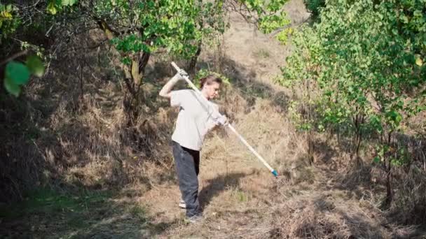 A young woman tidies up the dry grass with a rake — Stock Video