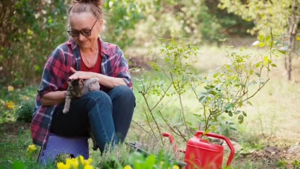Una donna adulta matura e allegra si siede in giardino e accarezza un gattino — Video Stock