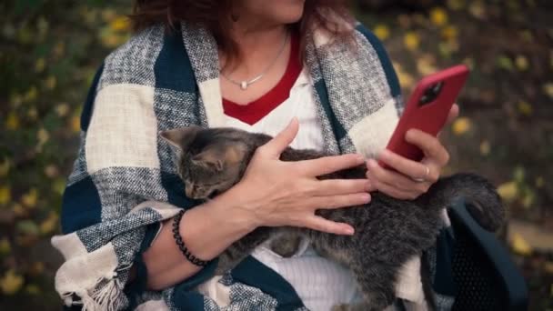 Close-up shot van een volwassen vrouw met behulp van haar smartphone — Stockvideo