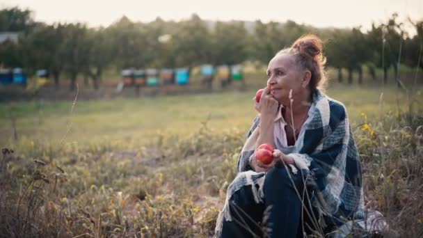 A mature adult woman dreamily sits with apples in her hands — Stock Video
