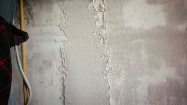 プロの修理の女性はヘラで壁に石膏を置きます. — ストック動画