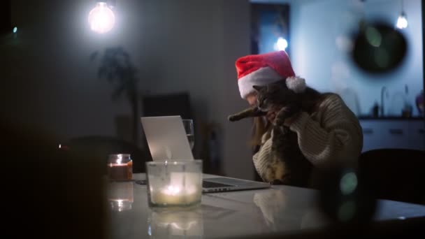 Une jeune femme dans un chapeau de Noël, prenant un appel vidéo avec un chat dans ses bras. — Video