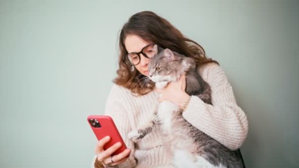 Μια νεαρή χαρούμενη γυναίκα φοράει γυαλιά βγάζοντας μια σέλφι με τη γάτα της. — Αρχείο Βίντεο