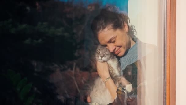 Genç bir kadın pencerenin önünde dururken sevimli kedisine sarılıyor. — Stok video