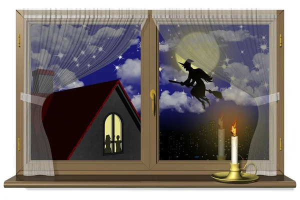 ハロウィーン 夜にほうきとエピファニーの魔女 — ストック写真