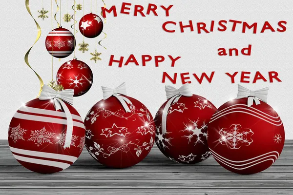 3Dイラスト クリスマスの飾りだ メリークリスマスとハッピーニューイヤー クリスマスボール ホリー ナタールの木 ごあいさつとお祝いの年 — ストック写真