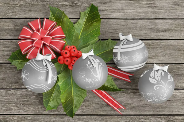 3Dイラスト クリスマスの飾りだ メリークリスマスとハッピーニューイヤー クリスマスボール ホリー ナタールの木 ごあいさつとお祝いの年 — ストック写真