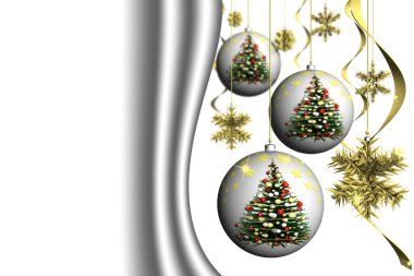 Noel zamanı. Yılbaşı süslemesi ve metin için yer. Beyaz arkaplan.