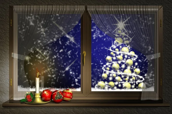Παράθυρο Χριστουγεννιάτικη Διακόσμηση Χειμερινό Τοπίο Νύχτα — Φωτογραφία Αρχείου