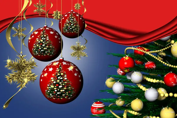Vánoce Vánoční Dekorace Jedle Zdobené Modrým Pozadím — Stock fotografie